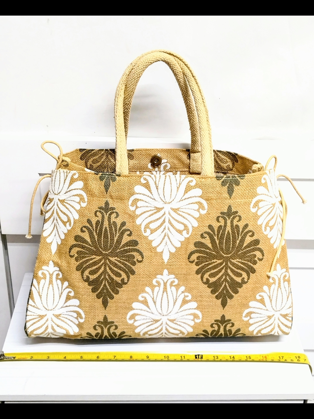 Woven Floral Pattern Tote Bag in Beige and White